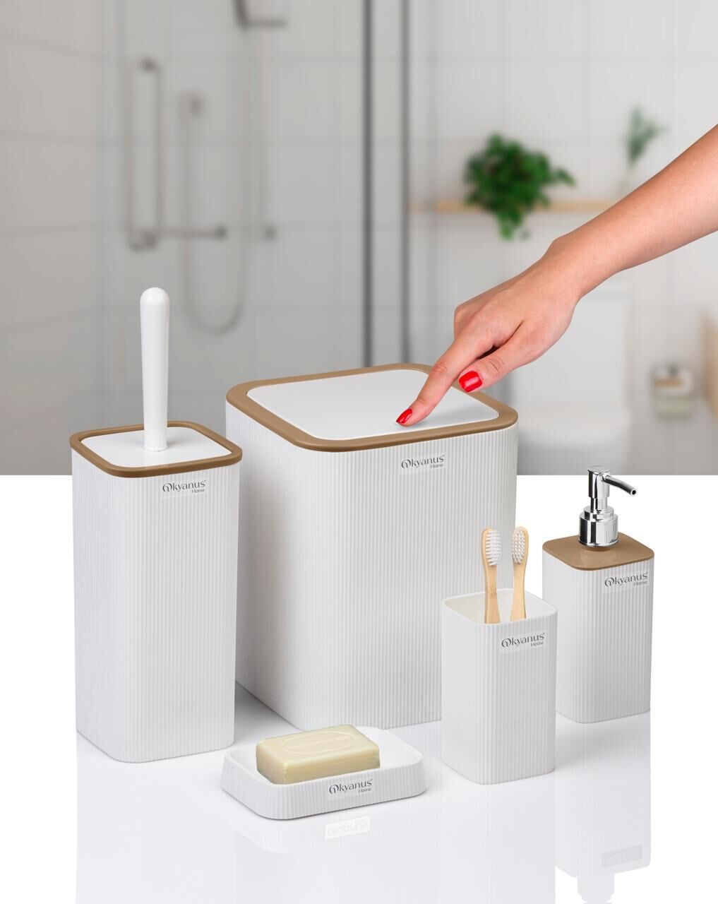 Okyanus Home Mina Due Beyaz Çizgili Kare 5'li Banyo Seti