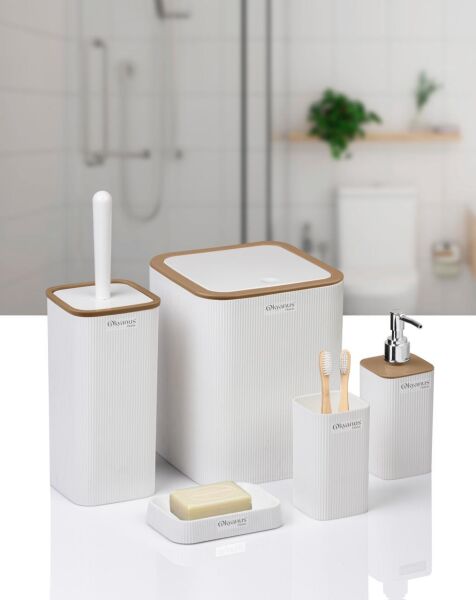 Okyanus Home Mina Due Beyaz Çizgili Kare 5'li Banyo Seti