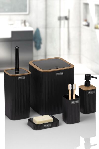 Okyanus Home Mina Due Siyah Çizgili Kare 5'li Banyo Seti