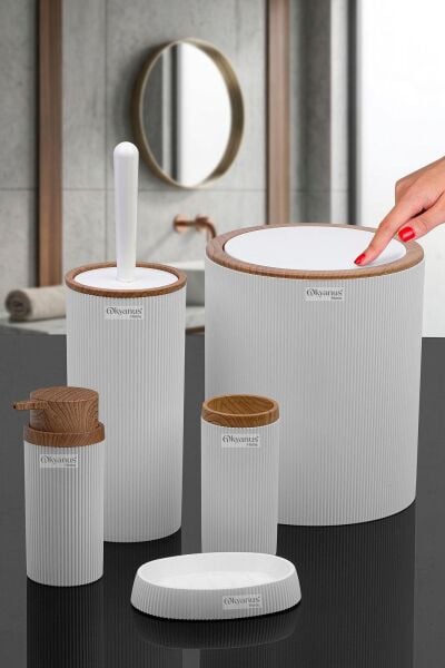 Okyanus Home Stella Beyaz Ahşap Desenli Çizgili Yuvarlak 5'li Banyo Seti