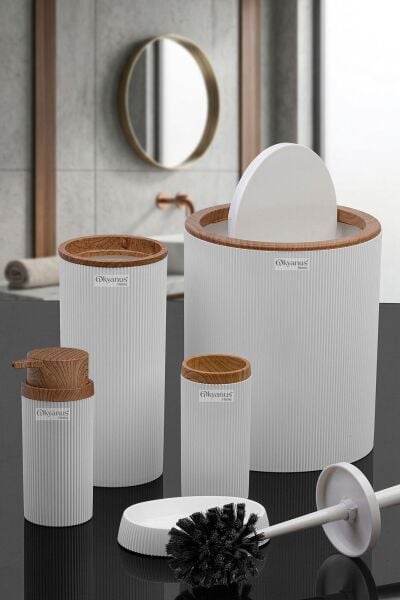 Okyanus Home Stella Beyaz Ahşap Desenli Çizgili Yuvarlak 5'li Banyo Seti