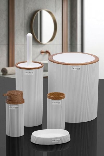 Okyanus Home Stella Beyaz Ahşap Desenli Çizgili Yuvarlak 5'li Banyo Seti