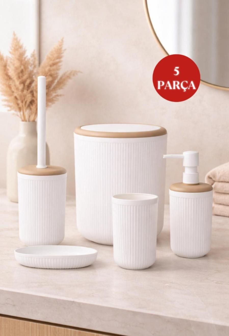 Okyanus Home Linea Due Kırık Beyaz Çizgili Yuvarlak 5'li Banyo Seti