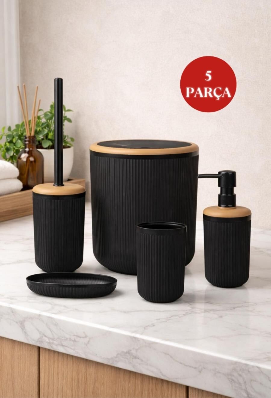 Okyanus Home Linea Due Siyah Çizgili Yuvarlak 5'li Banyo Seti