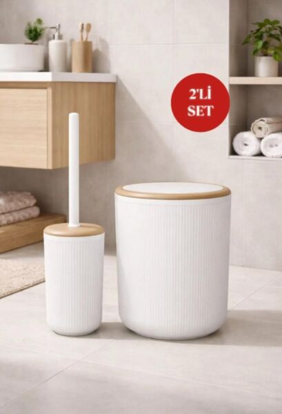 Okyanus Home Linea Due Kırık Beyaz Çizgili Yuvarlak 2'li Wc Kova ve Fırça Seti