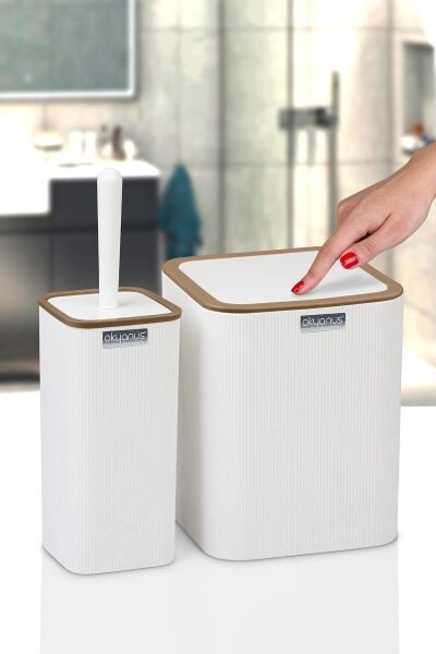 Okyanus Home Mina Due Beyaz Çizgili Kare 2'li Wc Kova ve Fırça Seti