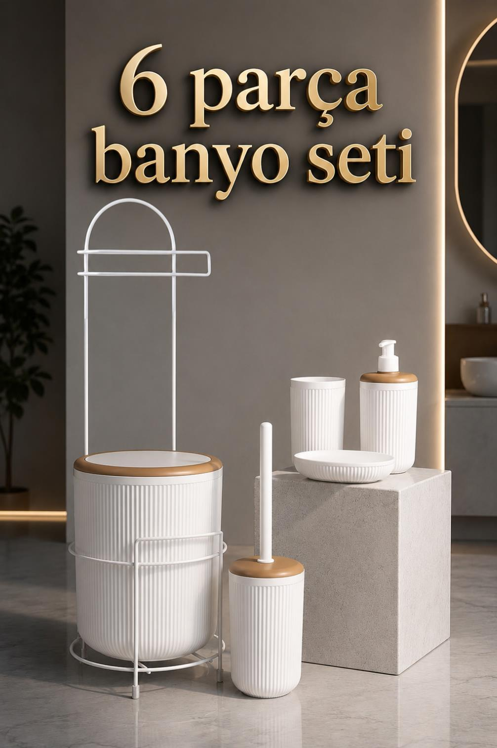 Okyanus Home Kırık Beyaz Yuvarlak Linea Due Standlı Wc Kağıtlık ve 6 Parça Banyo Seti