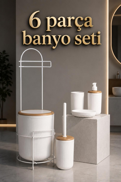 Okyanus Home Kırık Beyaz Yuvarlak Linea Due Standlı Wc Kağıtlık ve 6 Parça Banyo Seti
