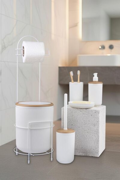 Okyanus Home Kırık Beyaz Yuvarlak Linea Due Standlı Wc Kağıtlık ve 6 Parça Banyo Seti