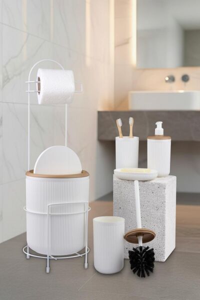 Okyanus Home Kırık Beyaz Yuvarlak Linea Due Standlı Wc Kağıtlık ve 6 Parça Banyo Seti
