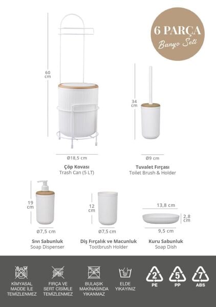 Okyanus Home Kırık Beyaz Yuvarlak Linea Due Standlı Wc Kağıtlık ve 6 Parça Banyo Seti
