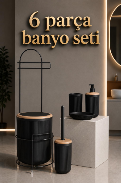 Okyanus Home Siyah Yuvarlak Linea Due Standlı Wc Kağıtlık ve 6 Parça Banyo Seti