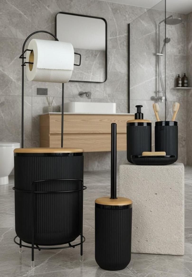 Okyanus Home Siyah Yuvarlak Linea Due Standlı Wc Kağıtlık ve 6 Parça Banyo Seti