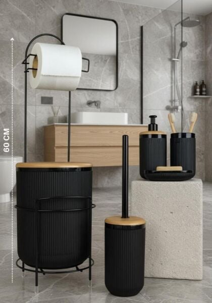 Okyanus Home Siyah Yuvarlak Linea Due Standlı Wc Kağıtlık ve 6 Parça Banyo Seti