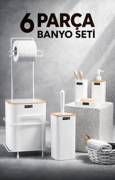 Okyanus Home Beyaz Kare Mina Due Standlı Wc Kağıtlık ve 6 Parça Banyo Seti