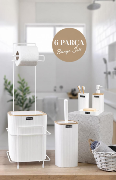 Okyanus Home Beyaz Kare Mina Due Standlı Wc Kağıtlık ve 6 Parça Banyo Seti