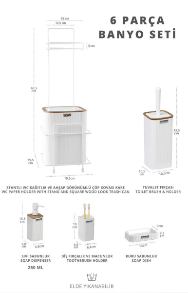 Okyanus Home Beyaz Kare Mina Due Standlı Wc Kağıtlık ve 6 Parça Banyo Seti