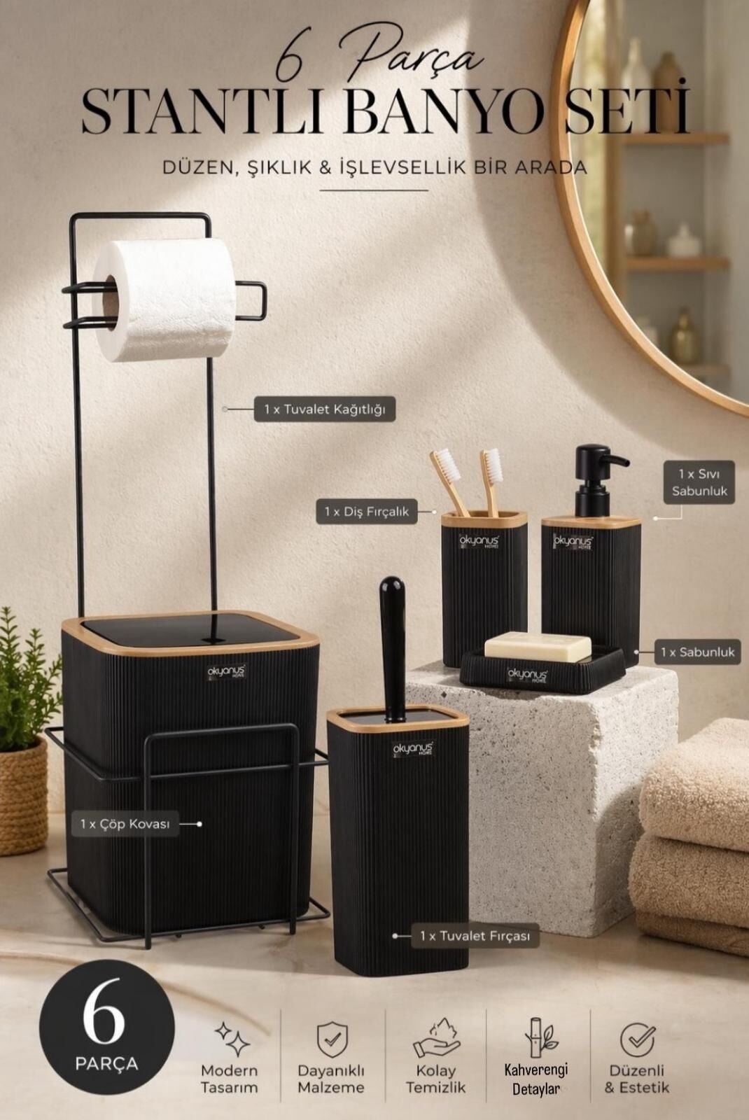 Okyanus Home Siyah Kare Mina Due Standlı Wc Kağıtlık ve 6 Parça Banyo Seti