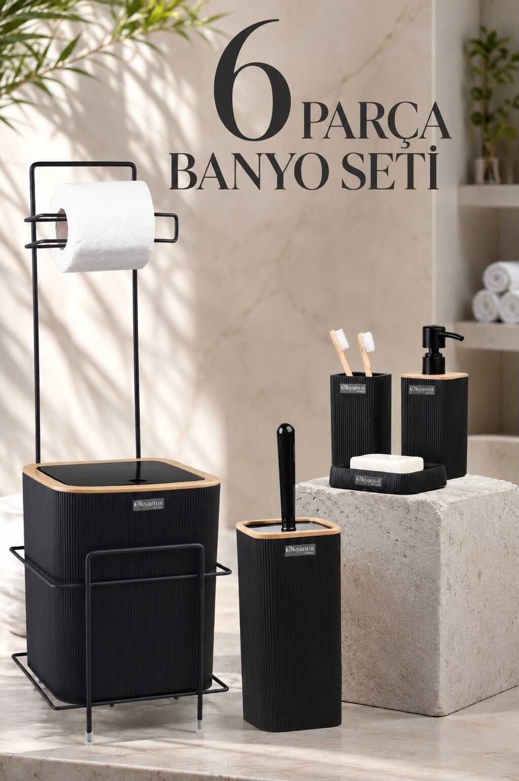 Okyanus Home Siyah Kare Mina Due Standlı Wc Kağıtlık ve 6 Parça Banyo Seti