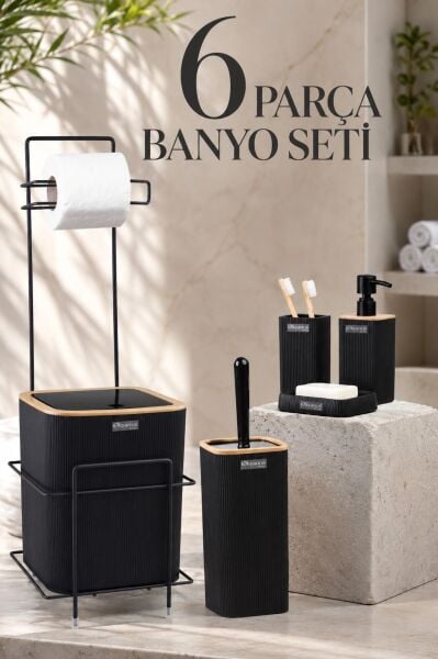 Okyanus Home Siyah Kare Mina Due Standlı Wc Kağıtlık ve 6 Parça Banyo Seti