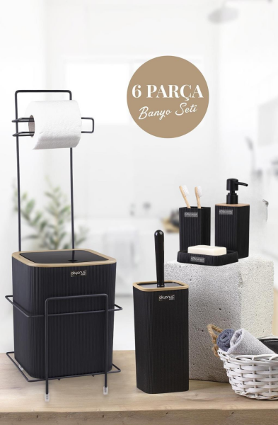 Okyanus Home Siyah Kare Mina Due Standlı Wc Kağıtlık ve 6 Parça Banyo Seti