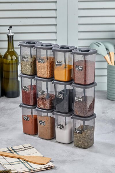 Okyanus Home 12 Adet Etiketli Kaşıklı Kilitlenebilir Kapaklı Baharatlık Seti 450 ml