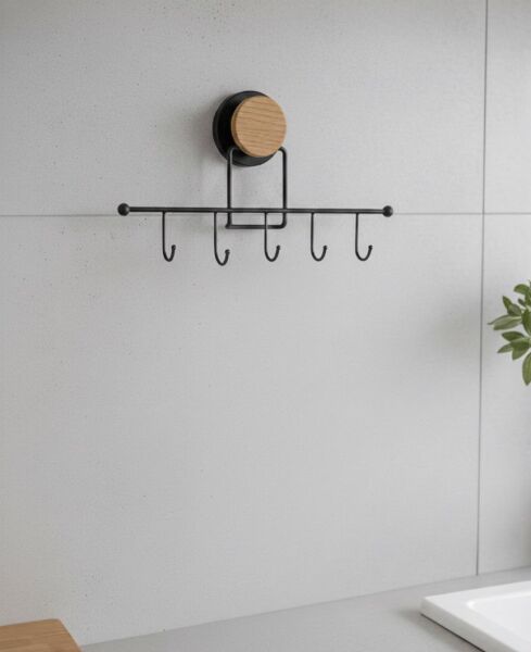 Okyanus Home Ahşap Desenli Magic Fix Sihirli Yapışkan Siyah 5'li Askı