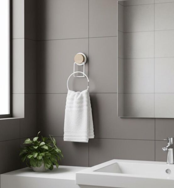 Okyanus Home Ahşap Desenli Magic Fix Sihirli Yapışkan Beyaz Yuvarlak Havluluk