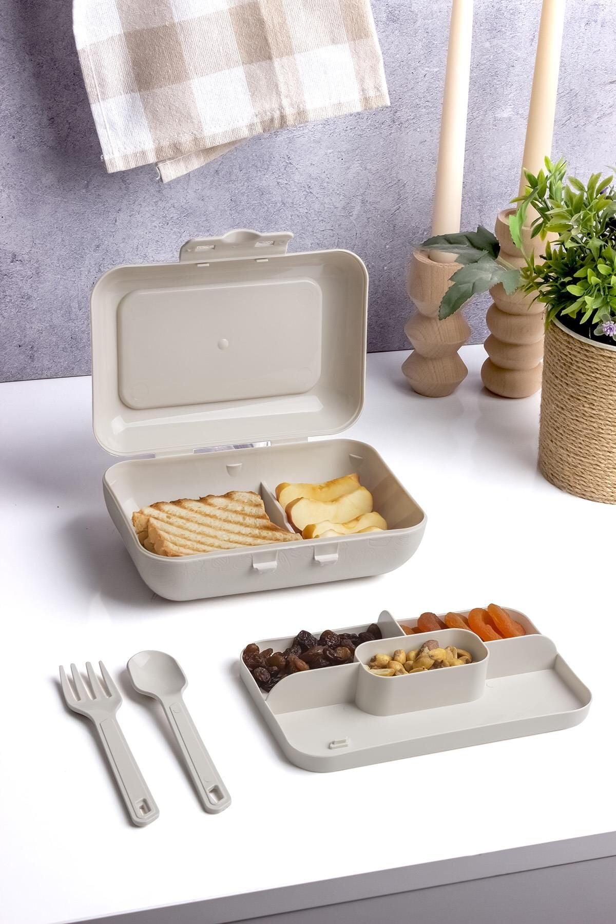 Okyanus Home Bej Lunch Box 2 Katlı 5 bölmeli Kendinden Çatal Kaşıklı Beslenme Kutusu