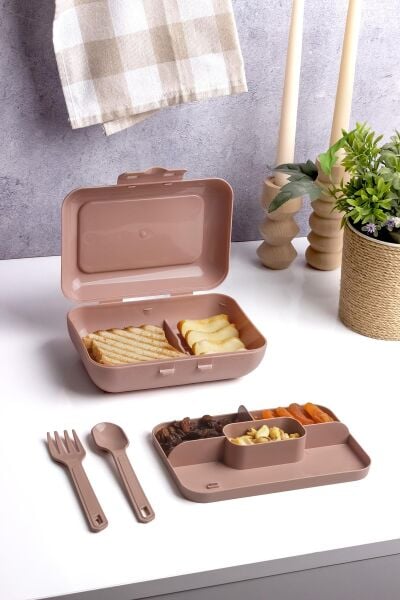 Okyanus Home Pudra Lunch Box 2 Katlı 5 bölmeli Kendinden Çatal Kaşıklı Beslenme Kutusu