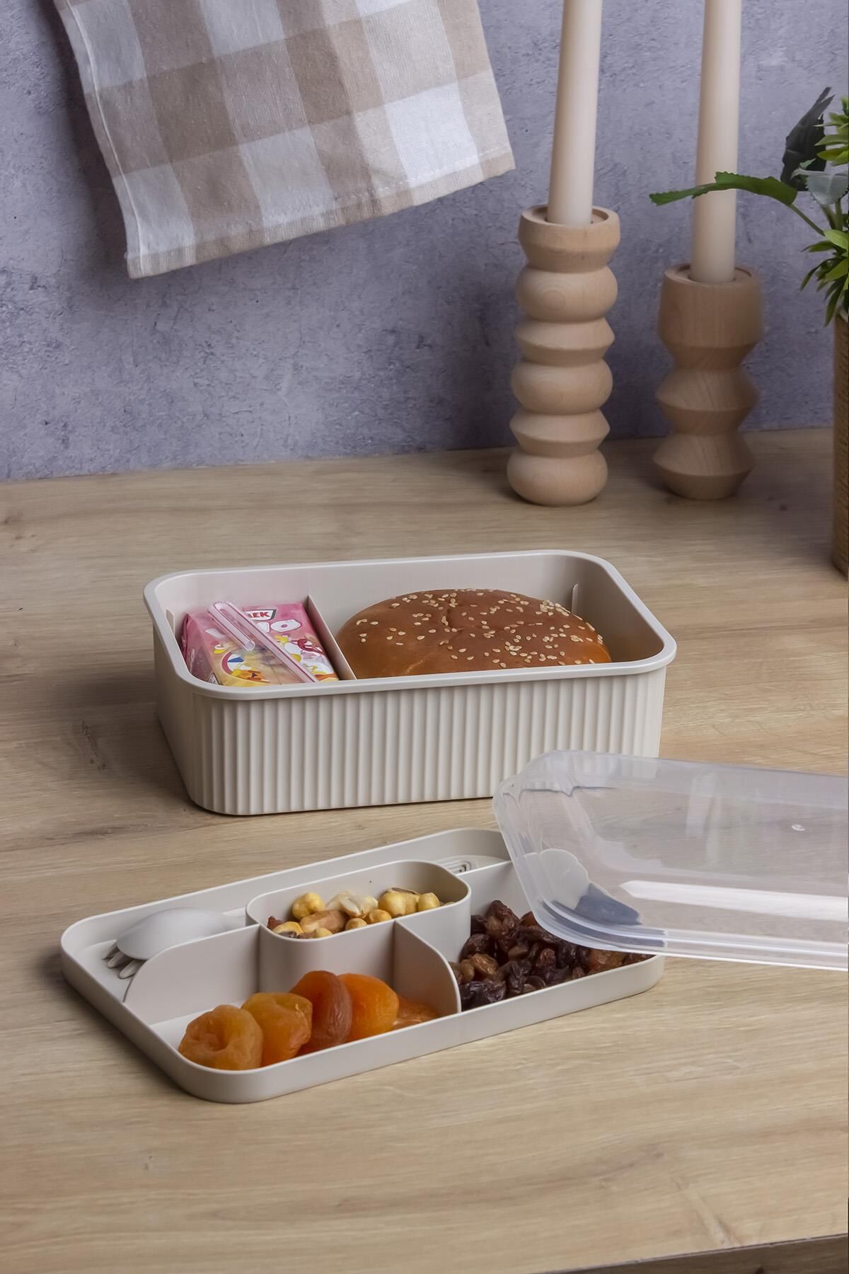 Okyanus Home Bej Çizgili Beslenme kutusu 5 bölmeli Çatal Kaşıklı Şeffaf Kapaklı Lunch Box