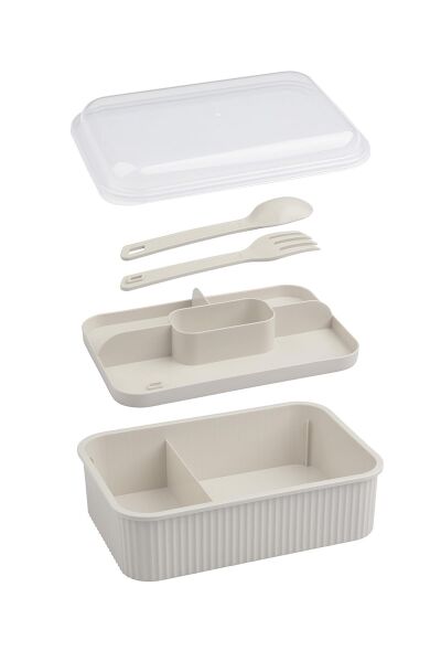 Okyanus Home Bej Çizgili Beslenme kutusu 5 bölmeli Çatal Kaşıklı Şeffaf Kapaklı Lunch Box