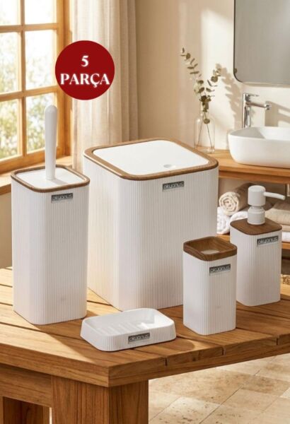 Okyanus Home Mina Beyaz Ahşap Desenli Çizgili Kare 5'li Banyo Seti