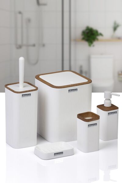 Okyanus Home Mina Beyaz Ahşap Desenli Çizgili Kare 5'li Banyo Seti