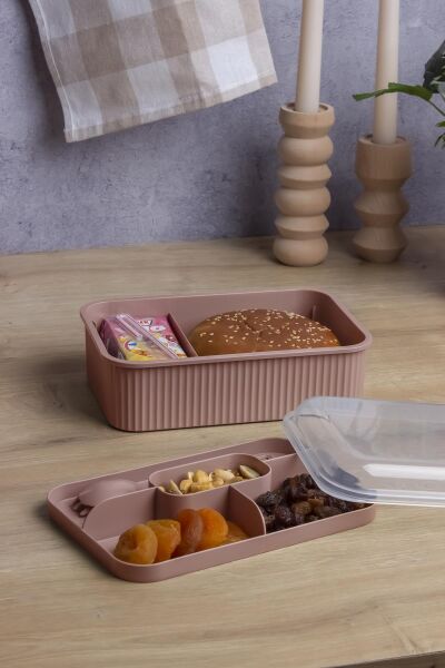 Okyanus Home Pudra Çizgili Beslenme kutusu 5 bölmeli Çatal Kaşıklı Şeffaf Kapaklı Lunch Box