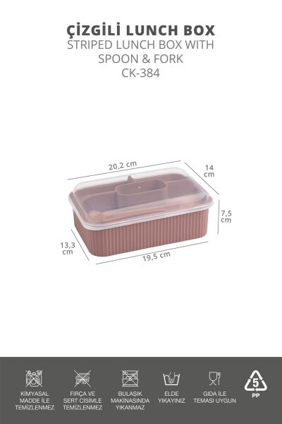Okyanus Home Pudra Çizgili Beslenme kutusu 5 bölmeli Çatal Kaşıklı Şeffaf Kapaklı Lunch Box