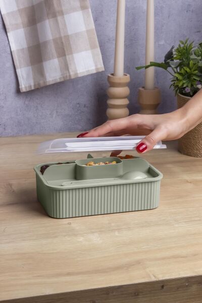 Okyanus Home Yeşil Çizgili Beslenme kutusu 5 bölmeli Çatal Kaşıklı Şeffaf Kapaklı Lunch Box