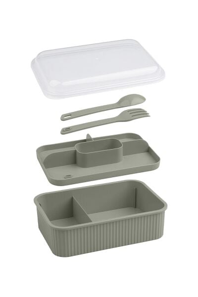 Okyanus Home Yeşil Çizgili Beslenme kutusu 5 bölmeli Çatal Kaşıklı Şeffaf Kapaklı Lunch Box