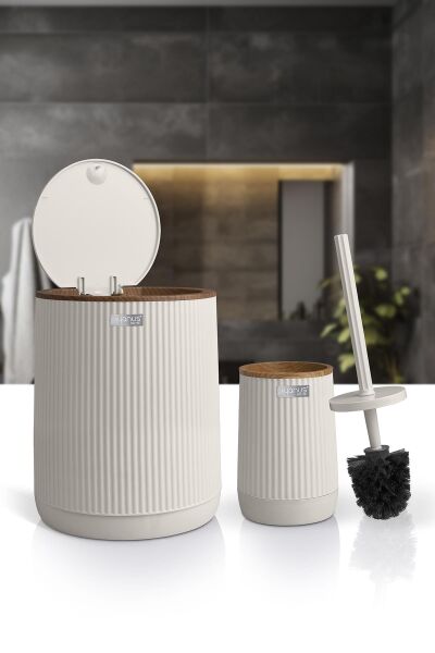 Okyanus Home Nida Bej Ahşap Desenli Eko 2'li Wc Kova Ve Fırça Seti