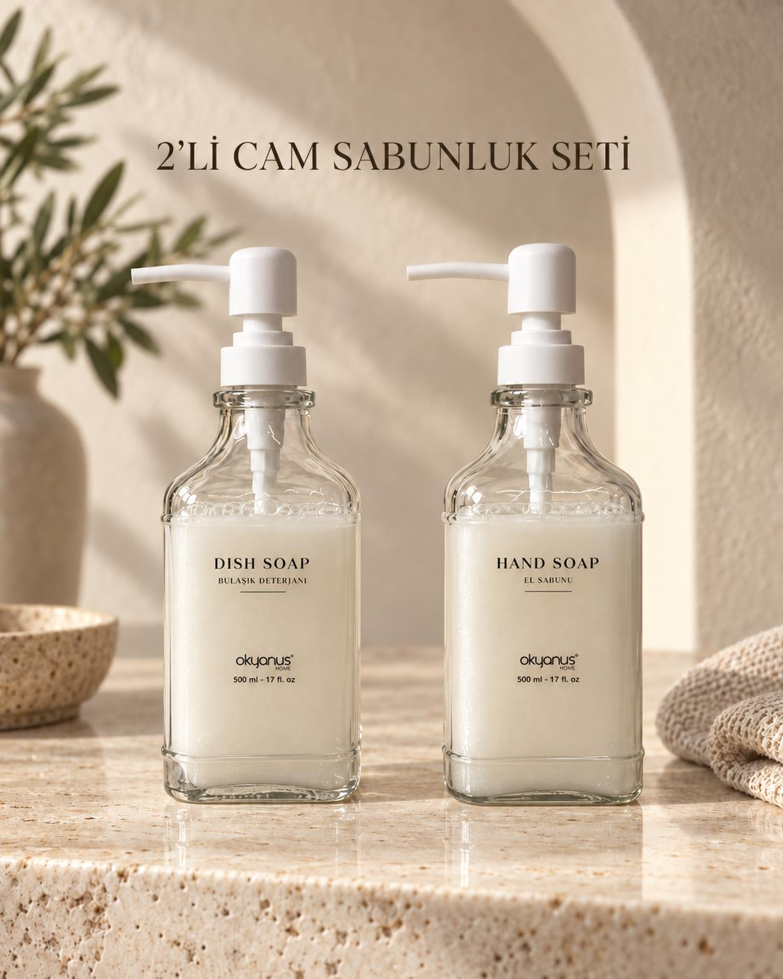 Okyanus Home Beyaz Pompalı İkili Kare Cam Sıvı Sabunluk 500ml