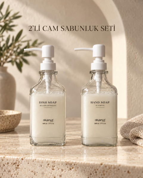 Okyanus Home Beyaz Pompalı İkili Kare Cam Sıvı Sabunluk 500ml