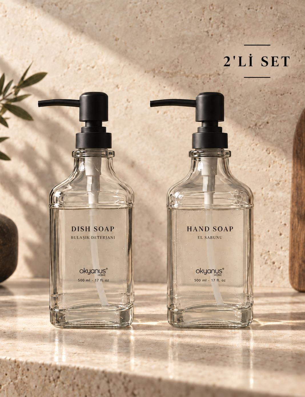 Okyanus Home Siyah Pompalı İkili Kare Cam Sıvı sabunluk 500ml