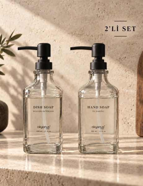 Okyanus Home Siyah Pompalı İkili Kare Cam Sıvı sabunluk 500ml