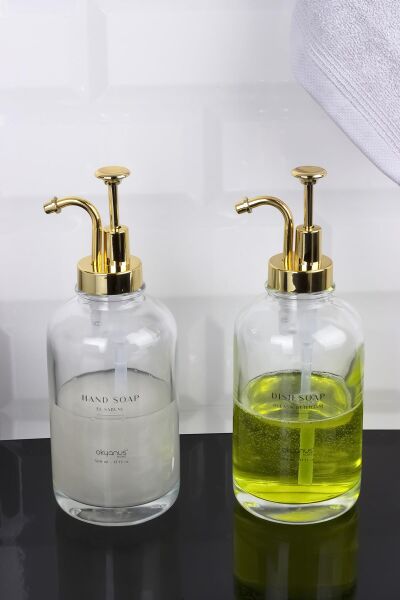 Okyanus Home Altın Pompalı İkili Yuvarlak Cam Sıvı Sabunluk 500ml