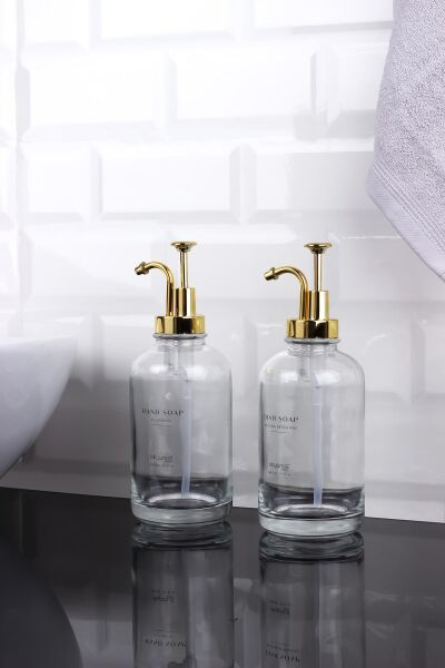 Okyanus Home Altın Pompalı İkili Yuvarlak Cam Sıvı Sabunluk 500ml