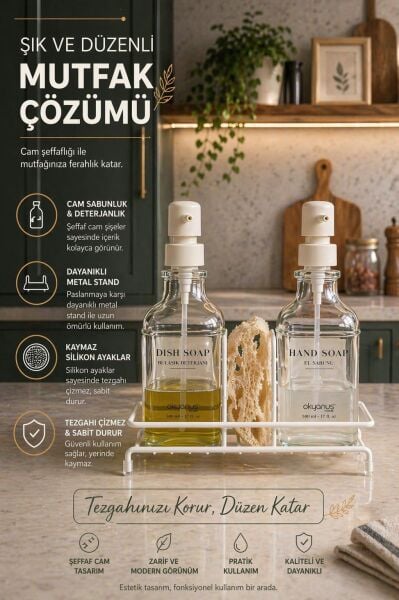 Okyanus Home Beyaz Pompalı ve Standlı İkili Kare Cam Sıvı sabunluk 500ml