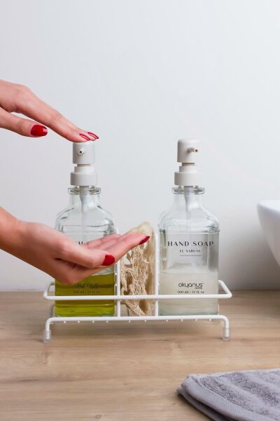Okyanus Home Beyaz Pompalı ve Standlı İkili Kare Cam Sıvı sabunluk 500ml