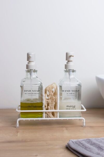 Okyanus Home Beyaz Pompalı ve Standlı İkili Kare Cam Sıvı sabunluk 500ml