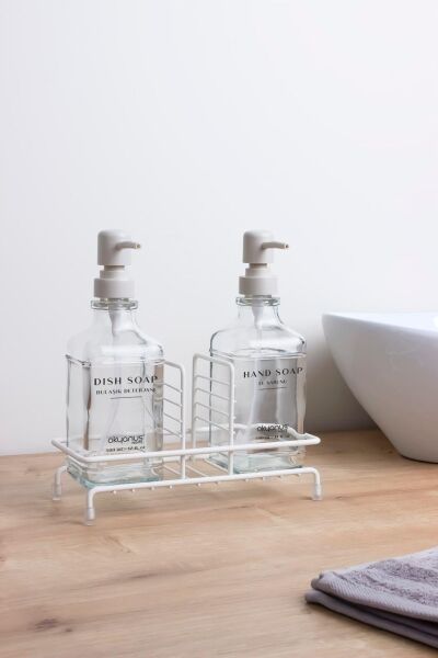 Okyanus Home Beyaz Pompalı ve Standlı İkili Kare Cam Sıvı sabunluk 500ml