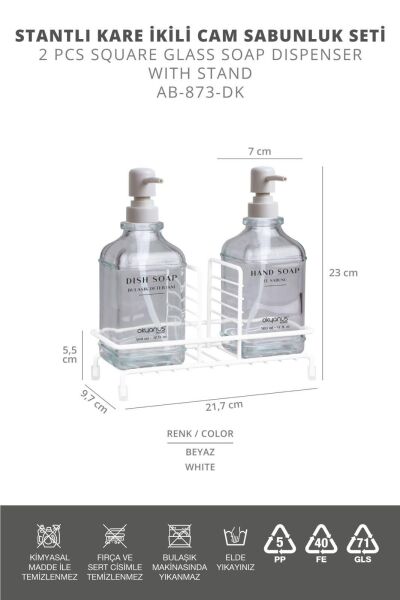 Okyanus Home Beyaz Pompalı ve Standlı İkili Kare Cam Sıvı sabunluk 500ml